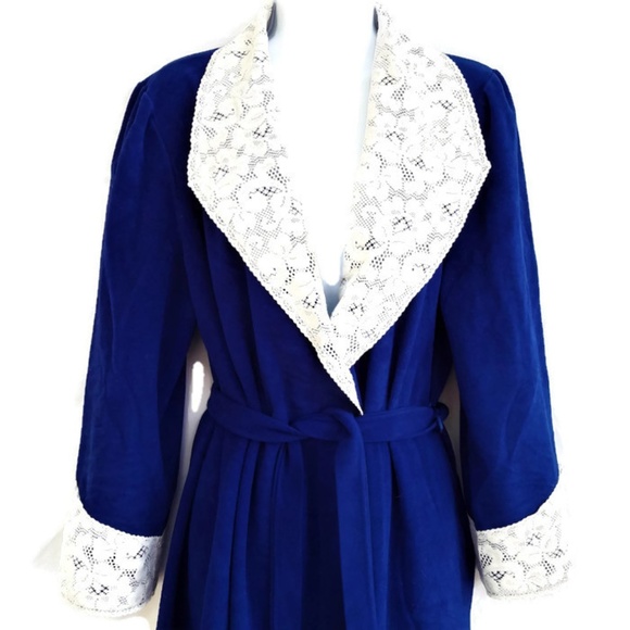 Vanity Fair Robe Gown Sleep Velour Lace Vintage Cobolt White Lace M